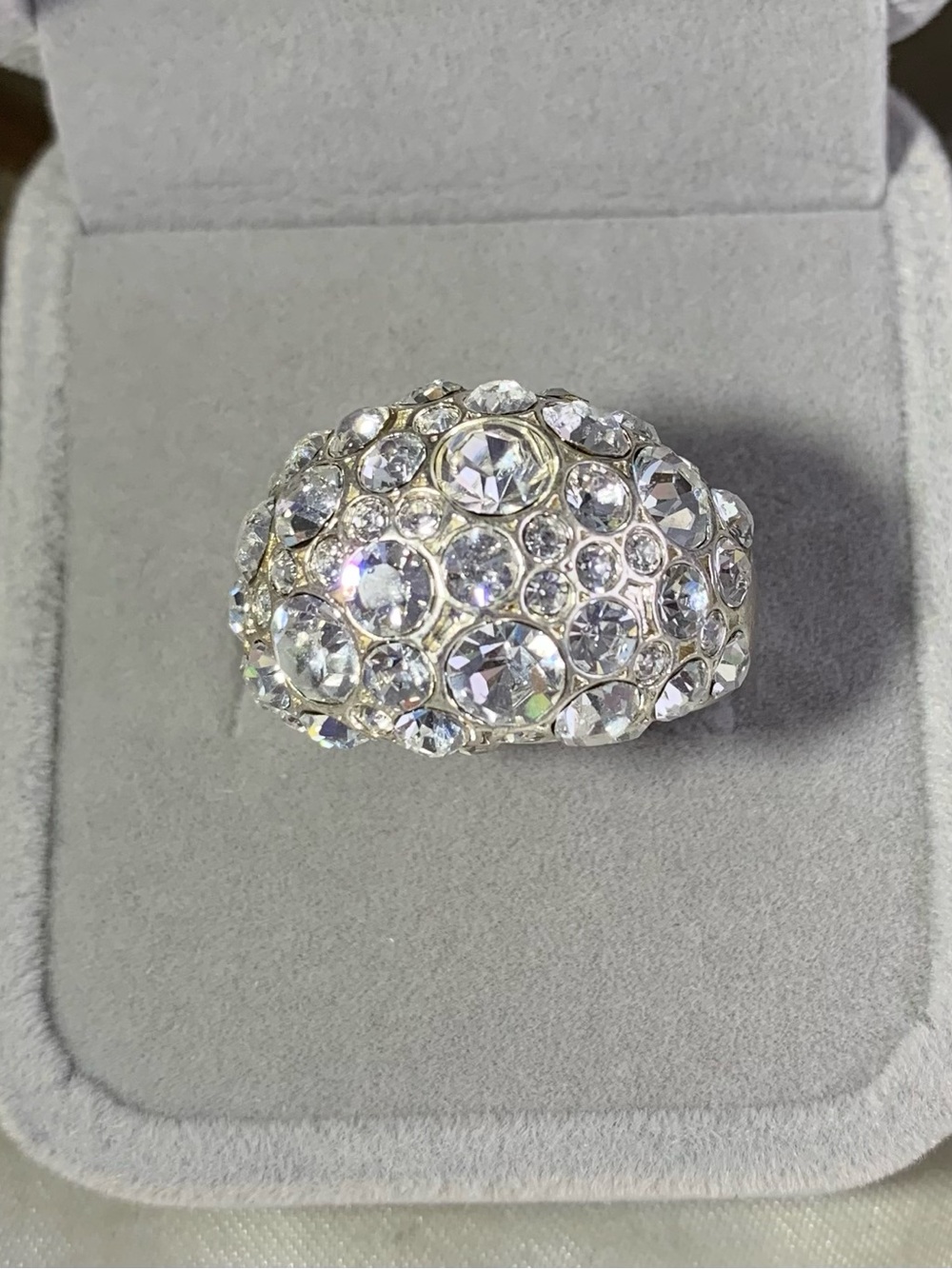 Fossil Silver Crystal Dome Cocktail Ring - Clear Stones